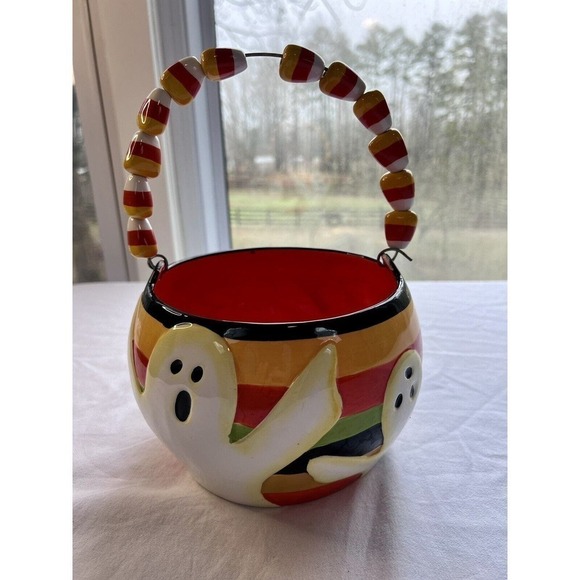 Vintage Halloween Candy Corn 10 X7 Ceramic Treat Bucket Pail Ghost Home Decor - Picture 4 of 7